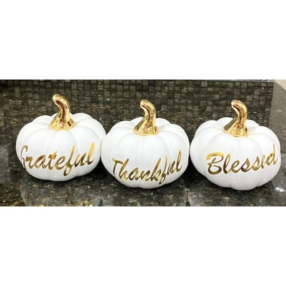 Fall Pumpkins Set of 3 White Ceramic with Gold Script Blessed Grateful Thankful